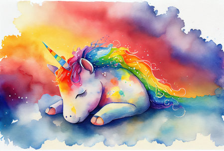 White sleepy unicorn on the cloud with colorful rainbow background. Business metaphor and success concept. Digital art fantasy illustration. Generative AIの素材