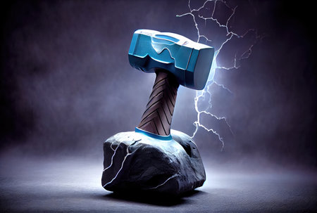 Mjolnir the hammer of Thor on the rock with lightning thunder background. Generative AIの素材