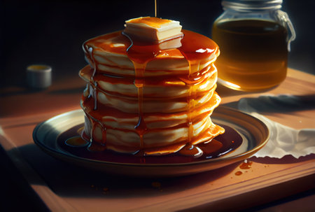 Buttermilk Pancakes in dish on the dinning table. Sweet dessert and recipe concept. Generative AIの素材
