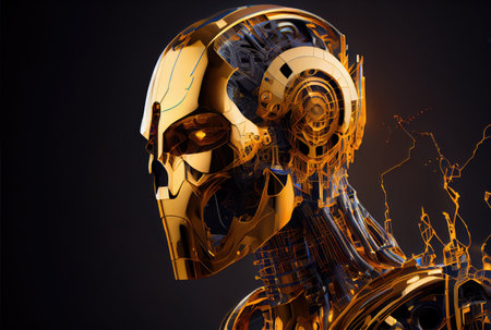 Closeup head shot of golden metallic humanoid robot on isolated dark black background. Technology and innovative concept. Digital art illustration. Generative AIの素材