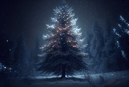 Decorated enchanted Christmas tree with illumination glowing lighting in snowy winter background. Holiday and festival concept. Generative AIの素材