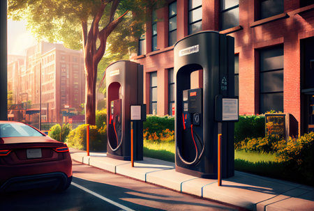 EV charging station in the city background. Business power and Industrial concept. Generative AIの素材