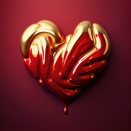 Golden heart shape on red background. Valentines day and romance concept. Digital art illustration theme. Generative AIの素材
