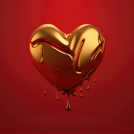 Golden heart shape on red background. Valentines day and romance concept. Digital art illustration theme. Generative AIの素材