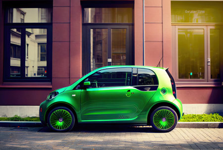 Green future car on the road in the city urban scene at day background. Technology and transportation concept. Generative AIの素材