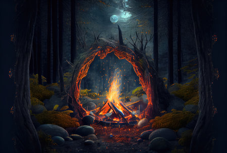 Campfire in the dark forest. Camping and Leisure hobbies activities concept. Generative AIの素材