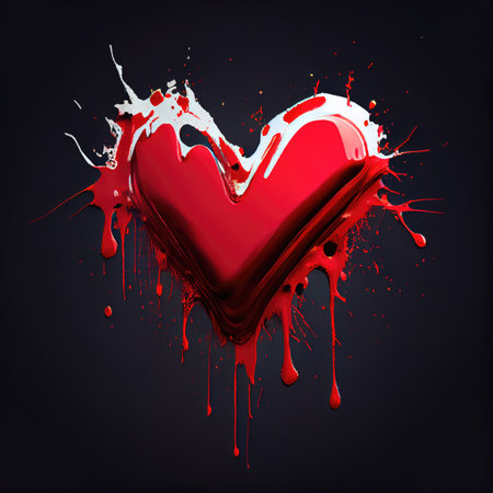 Red heart shape on dark black background. Valentines day and romance concept. Digital art illustration theme. Generative AIの素材