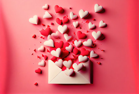 Many hearts pop up from love letter envelope on minimal red background. Valentines day and Invitation greeting card concept. Digital art illustration. Generative AIの素材
