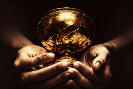Hands holding golden trophy cup on dark background. Business and sport successful concept. Generative AIの素材
