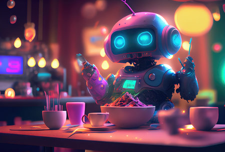 Cute robot eating food in the restaurant background. Technology and food concept. Generative AIの素材