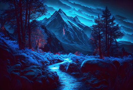 The glowing way to the blue mountain top fantasy illustration background. Business and Success concept. Generative AIの素材