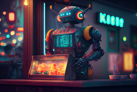 Mobile robot fast food vending machine stall kiosk and restaurant shop on modern background. Technology and business concept. Generative AIの素材
