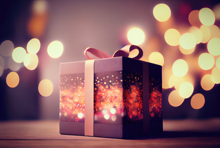 Celebrate gift box on the table with defocused bokeh light background. New year event and Christmas celebration concept. Generative AIの素材