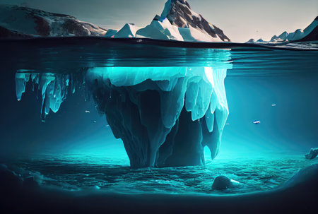 Big iceberg over the blue sea surface background. Landscape and business metaphor concept. Digital art illustration theme. Generative AIの素材