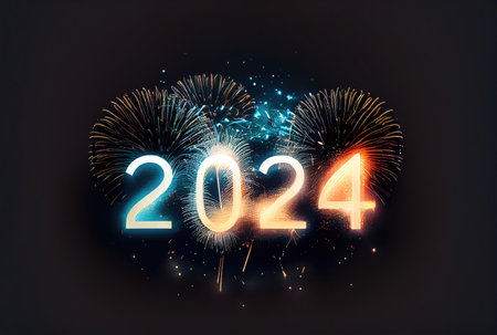 2024 New Year celebration with colorful fireworks on dark background. Happy New Year the year of Dragon and Greeting card concept. Generative AIの素材