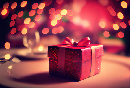 Celebrate gift box on the table with defocused bokeh light background. New year event and Christmas celebration concept. Generative AIの素材