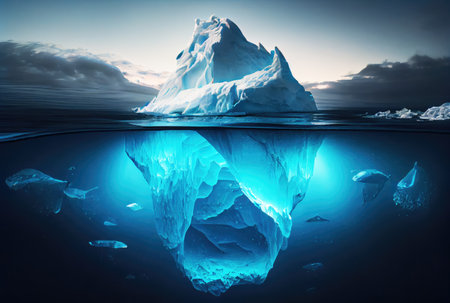 Big iceberg over the blue sea surface background. Landscape and business metaphor concept. Digital art illustration theme. Generative AIの素材