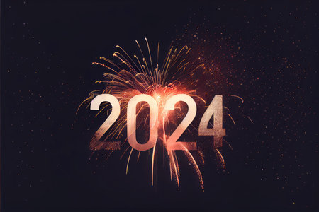 2024 New Year celebration with colorful fireworks on dark background. Happy New Year the year of Dragon and Greeting card concept. Generative AIの素材