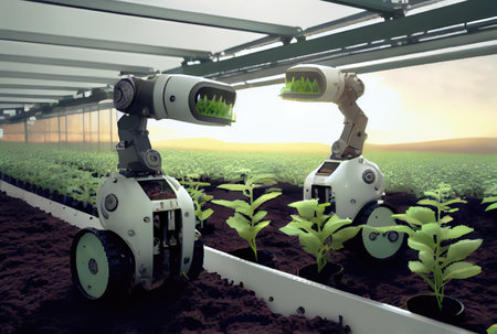 Robot farming harvesting agricultural products in greenhouse. Innovative futuristics technology and 5G smart farming concept. Generative AIの素材