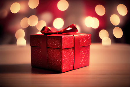 Celebrate gift box on the table with defocused bokeh light background. New year event and Christmas celebration concept. Generative AIの素材
