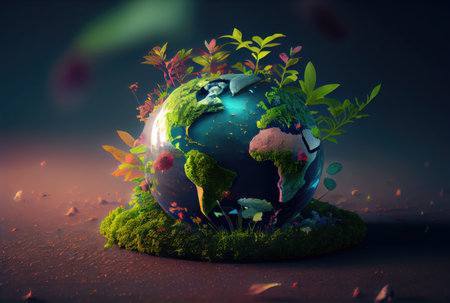 Beautiful Blue globe on the ground with decorating in summer season background. Beauty in nature and World Earth Day concept. Generative AIの素材