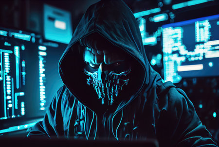 Hacker in the black hood in the server room. Unrecognizable people. Technology and Cybersecurity and Criminal concept. Generative AIの素材