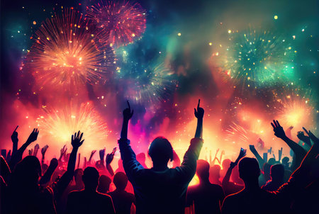 Colorful fireworks for celebration events and festival with silhouette crowd people from back view. Generative AIの素材
