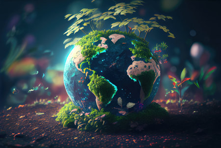 Beautiful Blue globe on the ground with decorating in summer season background. Beauty in nature and World Earth Day concept. Generative AIの素材