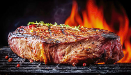 Close up of Grilled steak on the grill with flame in dark black background. Food recipe and ingredient concept. Generative AIの素材