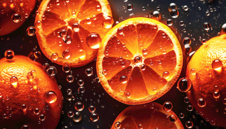 Close up of clean cut oranges with water drop in dark black background. Fresh fruit and Vegetable concept. Nutrition and vitamin theme. Generative AIの素材