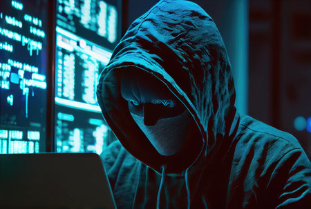 Hacker in the black hood in the server room. Unrecognizable people. Technology and Cybersecurity and Criminal concept. Generative AIの素材