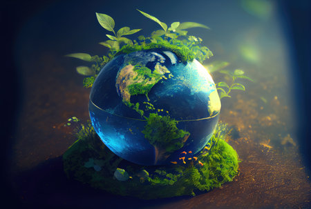 Beautiful Blue globe on the ground with decorating in summer season background. Beauty in nature and World Earth Day concept. Generative AIの素材