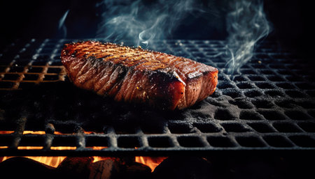 Close up of Grilled steak on the grill with flame in dark black background. Food recipe and ingredient concept. Generative AIの素材