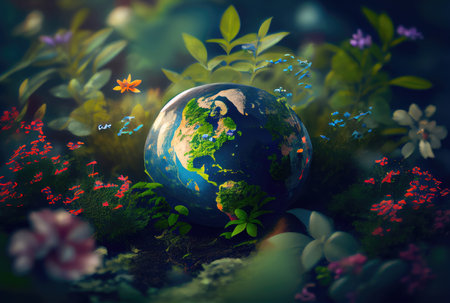 Beautiful Blue globe on the ground with decorating in summer season background. Beauty in nature and World Earth Day concept. Generative AIの素材