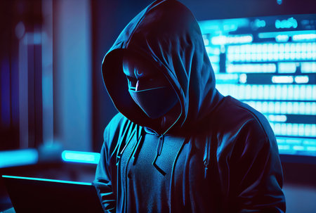 Hacker in the black hood in the server room. Unrecognizable people. Technology and Cybersecurity and Criminal concept. Generative AIの素材