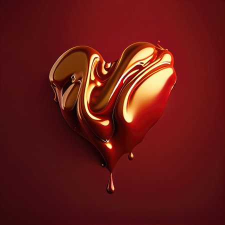 Golden heart shape on red background. Valentines day and romance concept. Digital art illustration theme. Generative AIの素材