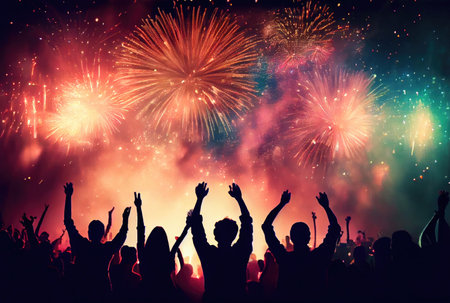 Colorful fireworks for celebration events and festival with silhouette crowd people from back view. Generative AIの素材