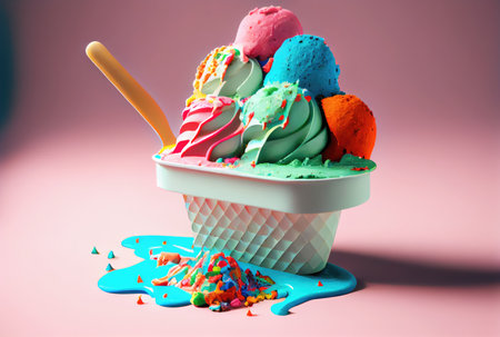 Melting ice cream cone with sweet toppings on minimal studio background. Summer food and fun concept. Digital art illustration theme. Generative AIの素材