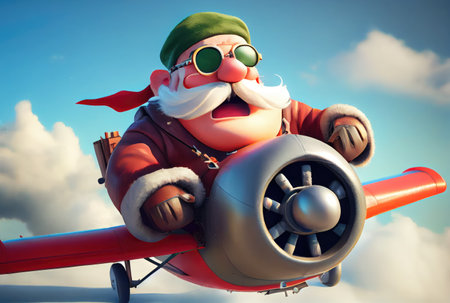 Santa Claus flying on a propeller plane above the blue sky and cloudy background. Merry Christmas and Happy new year concept. Digital art illustration. Generative AIの素材