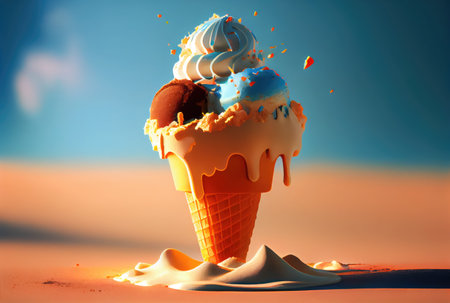Melting ice cream cone with sweet toppings on minimal studio background. Summer food and fun concept. Digital art illustration theme. Generative AIの素材