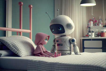 Nursing care robots take care of young patient in hospitals. Medical technology and healthcare concept. Generative AIの素材
