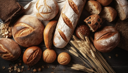 Various of breads on the wooden table background. Food and bakery concept. Full of breads theme. Generative AIの素材