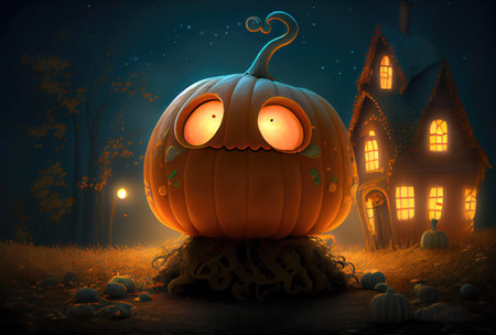 Cute Jack O Lantern pumpkins in the Halloween party at spooky black forest background. Horror and mystery concept. Generative AIの素材