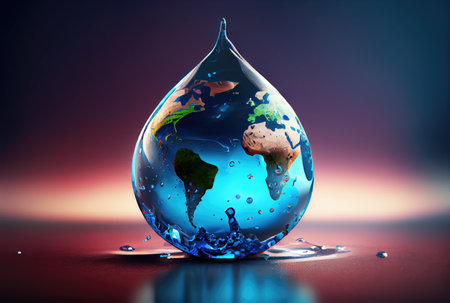 Earth in water drop shape dropping on the ground background. Environment and World savings concept. Digital art illustration. Generative AIの素材