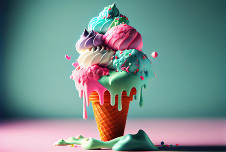 Melting ice cream cone with sweet toppings on minimal studio background. Summer food and fun concept. Digital art illustration theme. Generative AIの素材
