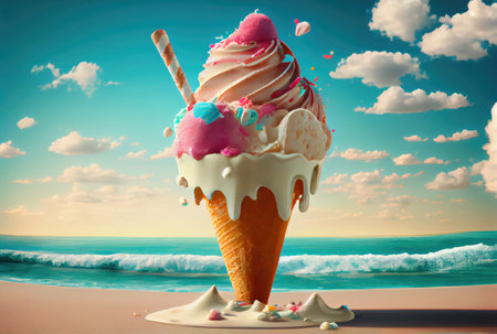 Ice cream cone with sweet toppings on beach sea and blue sky in summer background. Summer food and fun concept. Digital art illustration theme. Generative AIの素材