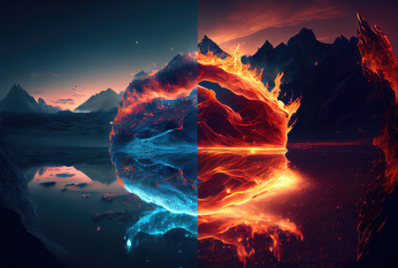 Half fire and half ice mountains with the sky background. Metaphor and conflict concept. Generative AIの素材