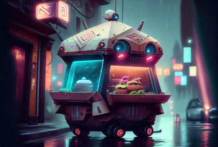 Mobile robot fast food vending machine stall kiosk and restaurant shop on modern background. Technology and business concept. Generative AIの素材