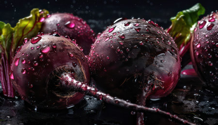 Close up of clean Beetroot with water drop in dark black background. Fresh fruit and Vegetable concept. Nutrition and vitamin theme. Generative AIの素材