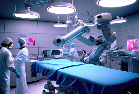 Surgical robot in operation room at modern hospital background. Medical and Innovation technology concept. Digital art illustration. Generative AIの素材